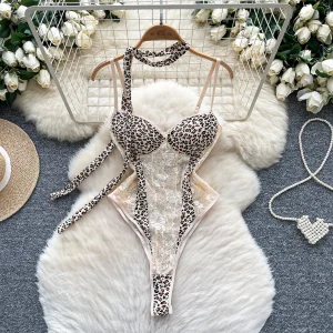 body sexy en dentelle léopard blanc cassé