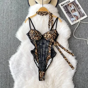 Body sexy en dentelle leopard noir