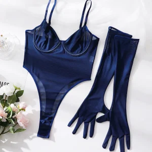 Body sexy à maille transparente bleu marine