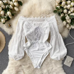 Body sexy à manches longues, lacet, dentelle et broderies pour femme - blanc