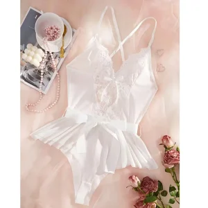 Body femme ajouré et transparent, en dentelle transparente, à nœud et volants- Blanc